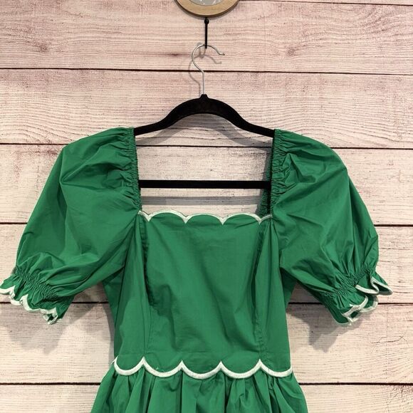 English Factory Scallop Tiered Green Dress Size XS Puff Sleeve Open Back Midi - Picture 4 of 12